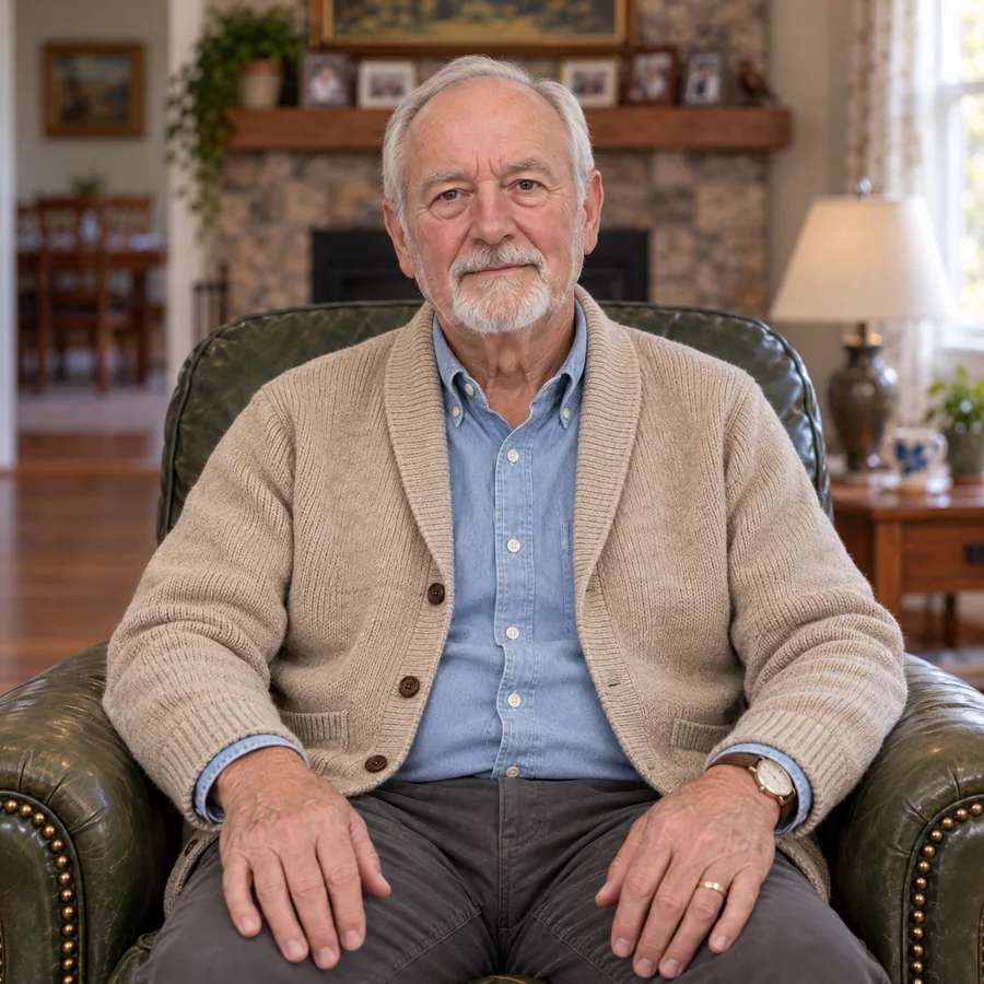 Walter Brooks in his green leather armchair in the living room